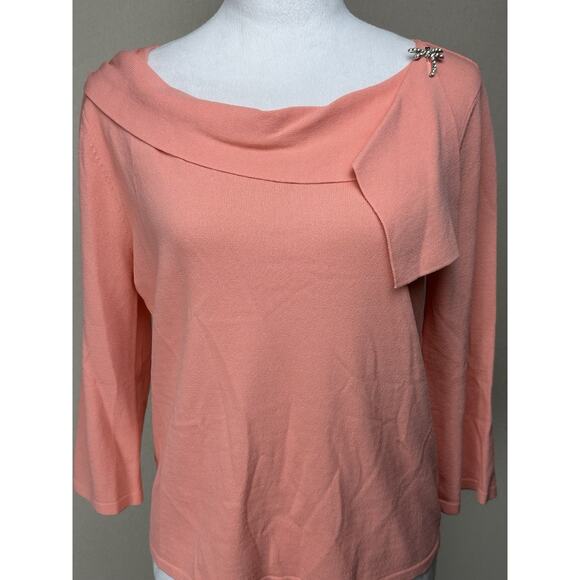 R.Q.T. Sz M Peach Boat Neck with Fold Down Neck Dragon Fly Broach NWT Feminine - Picture 2 of 13